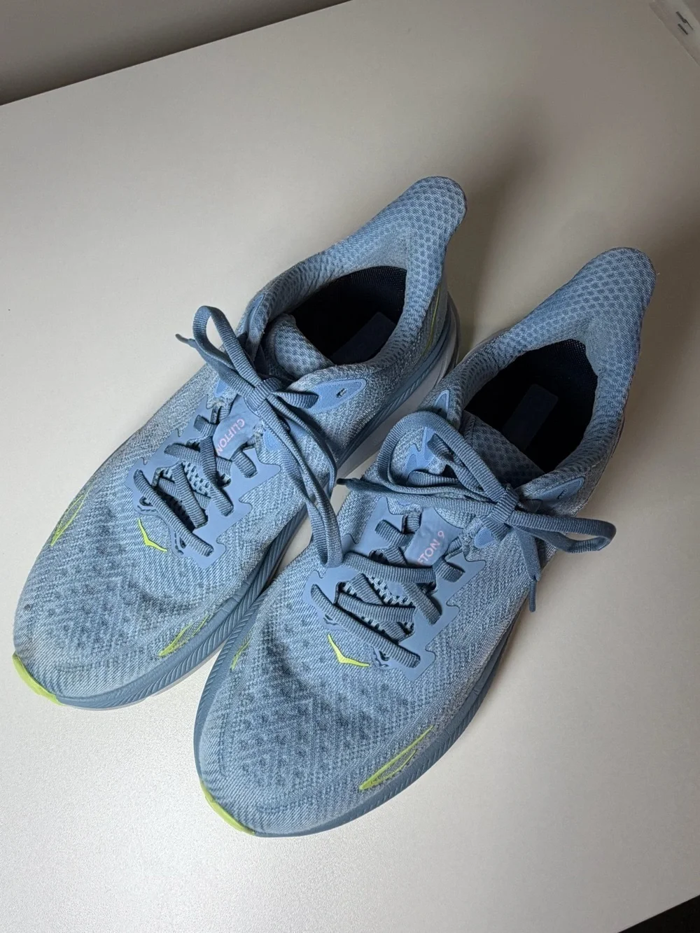 Women’s Hoka Clifton 3 9.5 Light Blue Running Shoes with Neon Yellow Accents